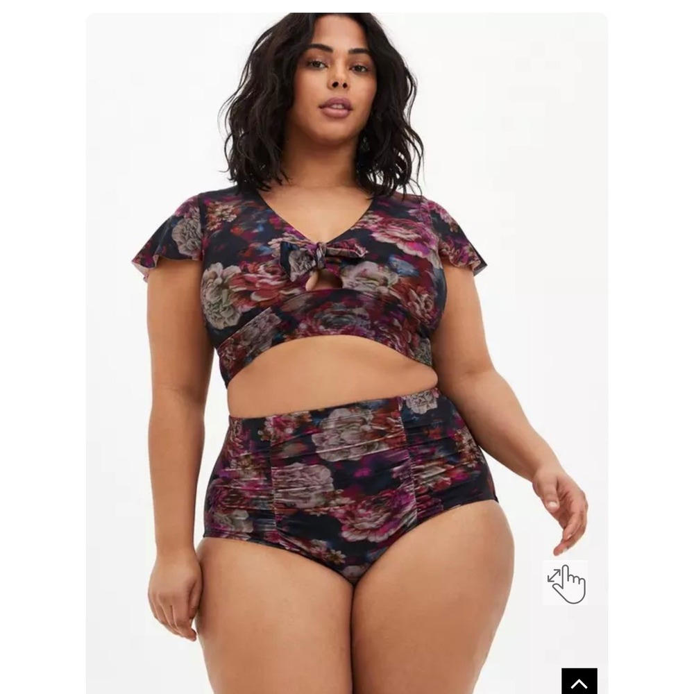 Torrid Wireless flutter sleeve Bikini top Set Ruched Bottom torn rose floral 2/3